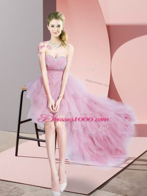 High End Baby Pink A-line Sweetheart Sleeveless Tulle High Low Lace Up Beading Prom Dress