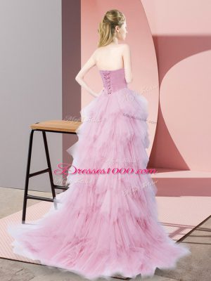 High End Baby Pink A-line Sweetheart Sleeveless Tulle High Low Lace Up Beading Prom Dress