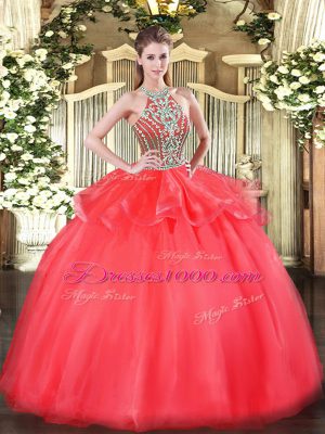 Hot Selling Tulle Halter Top Sleeveless Lace Up Beading and Ruffles Quinceanera Gowns in Coral Red