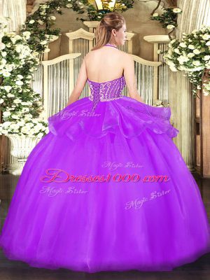 Hot Selling Tulle Halter Top Sleeveless Lace Up Beading and Ruffles Quinceanera Gowns in Coral Red