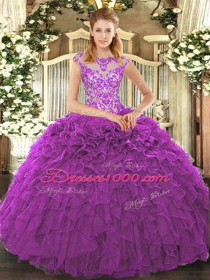 Elegant Ball Gowns Sweet 16 Dresses Eggplant Purple Scoop Organza Cap Sleeves Floor Length Lace Up