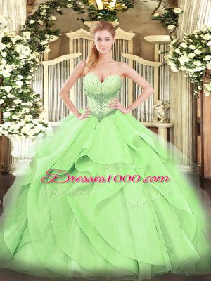 Superior Yellow Green Sleeveless Beading and Ruffles Floor Length Quince Ball Gowns