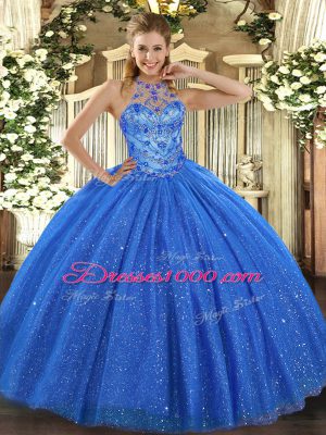 Flare Floor Length Blue Sweet 16 Quinceanera Dress Halter Top Sleeveless Lace Up