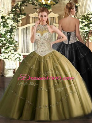 Edgy Beading and Appliques Quince Ball Gowns Brown Lace Up Sleeveless Floor Length