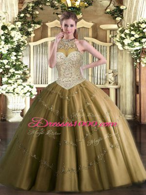 Edgy Beading and Appliques Quince Ball Gowns Brown Lace Up Sleeveless Floor Length