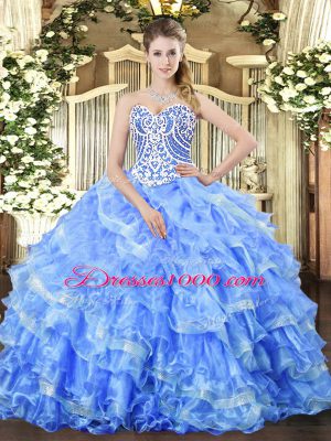 Best Selling Floor Length Blue 15 Quinceanera Dress Organza Sleeveless Beading and Ruffled Layers