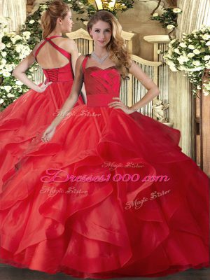 Floor Length Lace Up Quinceanera Gown Red for Military Ball and Sweet 16 and Quinceanera with Ruffles