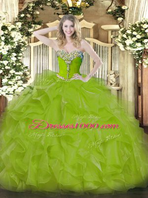 Delicate Olive Green Organza Lace Up Quinceanera Gowns Sleeveless Floor Length Beading and Ruffles