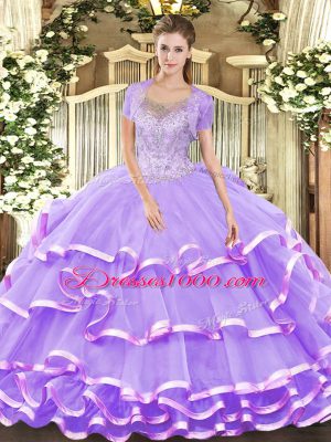 Nice Lavender Sleeveless Tulle Lace Up Quinceanera Dress for Military Ball and Sweet 16 and Quinceanera