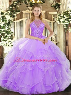 Vintage Lavender Organza Lace Up High-neck Sleeveless Floor Length 15th Birthday Dress Beading and Ruffles