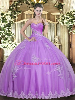 Lilac Tulle Lace Up Sweet 16 Quinceanera Dress Sleeveless Floor Length Beading and Appliques