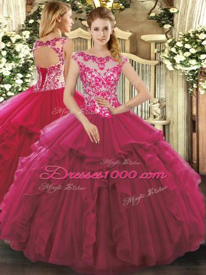 Fuchsia Sleeveless Organza Lace Up Quinceanera Gowns for Sweet 16 and Quinceanera