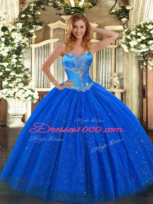 Sumptuous Floor Length Lace Up Quince Ball Gowns Royal Blue for Sweet 16 and Quinceanera with Beading