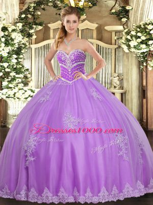 Lavender Ball Gowns Tulle Sweetheart Sleeveless Beading and Appliques Floor Length Lace Up Quince Ball Gowns