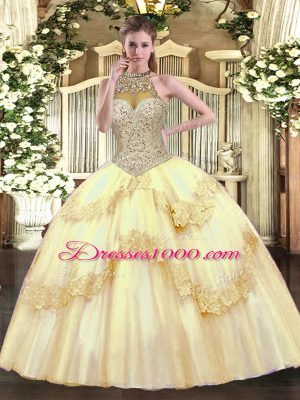 Floor Length Gold Sweet 16 Quinceanera Dress Halter Top Sleeveless Lace Up