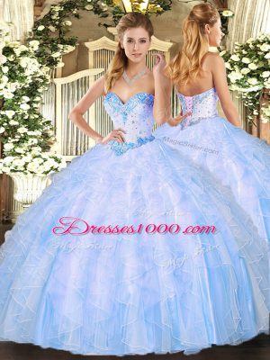 Ideal Light Blue Organza Lace Up Sweet 16 Dresses Sleeveless Floor Length Beading and Ruffles