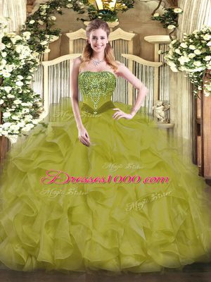 Elegant Floor Length Olive Green Sweet 16 Quinceanera Dress Organza Sleeveless Beading and Ruffles
