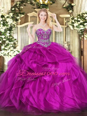 Low Price Fuchsia Organza Lace Up Quinceanera Gown Sleeveless Floor Length Beading and Ruffles