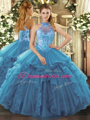 Halter Top Sleeveless Organza Ball Gown Prom Dress Beading and Ruffles Lace Up