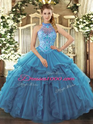 Halter Top Sleeveless Organza Ball Gown Prom Dress Beading and Ruffles Lace Up