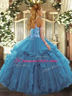Halter Top Sleeveless Organza Ball Gown Prom Dress Beading and Ruffles Lace Up