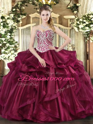 Beading and Ruffles Quinceanera Dresses Wine Red Lace Up Sleeveless Floor Length