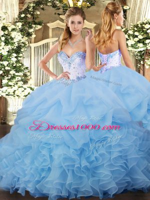 Blue Ball Gowns Organza Sweetheart Sleeveless Beading and Ruffles and Pick Ups Lace Up 15th Birthday Dress