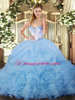 Blue Ball Gowns Organza Sweetheart Sleeveless Beading and Ruffles and Pick Ups Lace Up 15th Birthday Dress