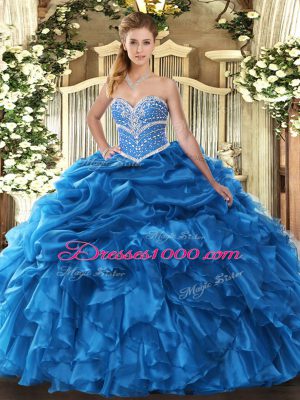 Floor Length Blue Sweet 16 Dress Organza Sleeveless Beading and Ruffles and Pick Ups