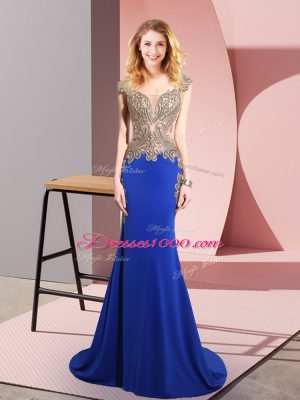 Modern Royal Blue Mermaid Elastic Woven Satin Scoop Sleeveless Beading Side Zipper Teens Party Dress Sweep Train