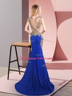 Modern Royal Blue Mermaid Elastic Woven Satin Scoop Sleeveless Beading Side Zipper Teens Party Dress Sweep Train