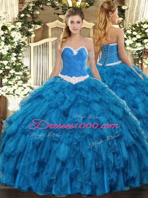 Adorable Sweetheart Sleeveless Lace Up Vestidos de Quinceanera Blue Organza