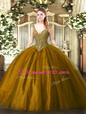 Brown Ball Gowns Beading Sweet 16 Dresses Lace Up Tulle Sleeveless Floor Length