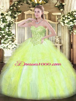 Yellow Green Tulle Lace Up Sweetheart Sleeveless Floor Length Quinceanera Gown Appliques and Ruffles