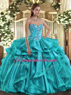Extravagant Teal Organza Lace Up Quinceanera Dresses Sleeveless Floor Length Embroidery and Ruffles
