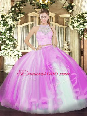 Lilac Two Pieces Scoop Sleeveless Tulle Floor Length Zipper Lace and Ruffles Quince Ball Gowns