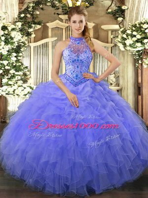Unique Floor Length Lace Up Quince Ball Gowns Blue for Sweet 16 and Quinceanera with Beading and Embroidery and Ruffles
