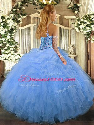 Unique Floor Length Lace Up Quince Ball Gowns Blue for Sweet 16 and Quinceanera with Beading and Embroidery and Ruffles