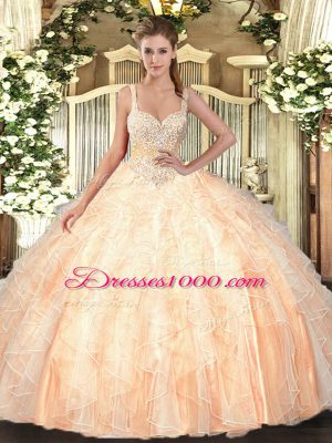 Charming Straps Sleeveless Quinceanera Dresses Floor Length Beading and Ruffles Peach Tulle