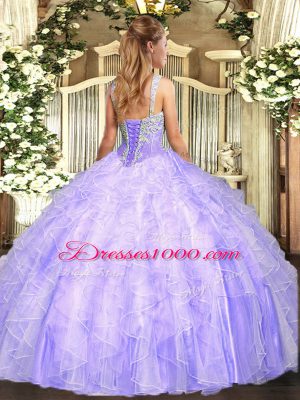 Charming Straps Sleeveless Quinceanera Dresses Floor Length Beading and Ruffles Peach Tulle