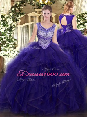 Modern Purple Scoop Neckline Beading and Ruffles 15th Birthday Dress Sleeveless Lace Up