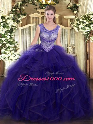 Modern Purple Scoop Neckline Beading and Ruffles 15th Birthday Dress Sleeveless Lace Up