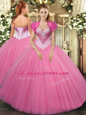 Tulle Sweetheart Sleeveless Lace Up Beading 15th Birthday Dress in Rose Pink