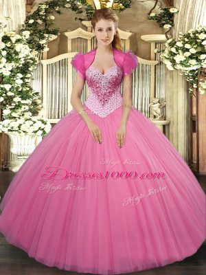 Tulle Sweetheart Sleeveless Lace Up Beading 15th Birthday Dress in Rose Pink