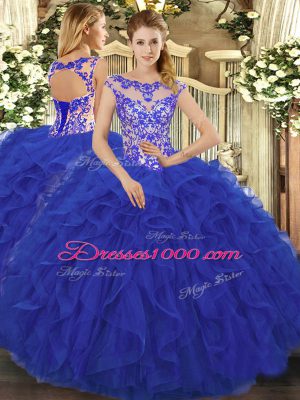 Cute Sleeveless Floor Length Beading and Ruffles Lace Up Quinceanera Dresses with Royal Blue