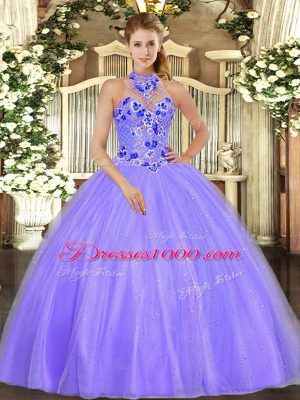 Eye-catching Lavender Lace Up Halter Top Embroidery 15 Quinceanera Dress Tulle Sleeveless