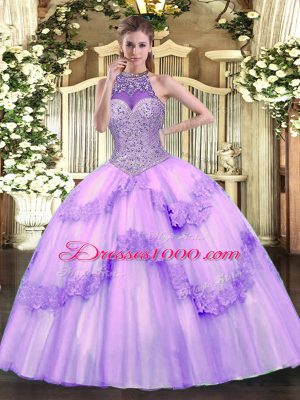 Eye-catching Lavender Halter Top Neckline Beading and Appliques Ball Gown Prom Dress Sleeveless Lace Up