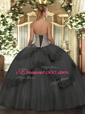 Eye-catching Lavender Halter Top Neckline Beading and Appliques Ball Gown Prom Dress Sleeveless Lace Up