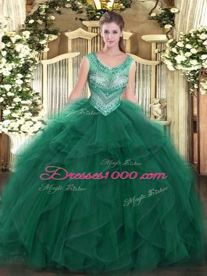 Fine Dark Green Ball Gowns Beading and Ruffles Quinceanera Gowns Lace Up Tulle Sleeveless Floor Length