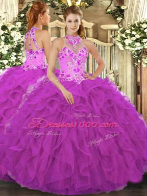 Attractive Fuchsia Organza Lace Up 15 Quinceanera Dress Sleeveless Floor Length Beading and Embroidery and Ruffles